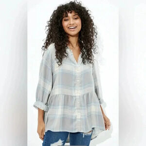 New AMERICAN EAGLE WOMEN Y2K GREYBLUEOVERSIZED FLANNEL BABYDOLL SHIRT